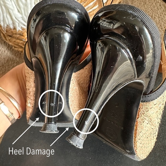 CHANEL Canvas & Python Leather Bow AUTHENTIC Slingback Pumps Black Beige Sz. 36 - Picture 8 of 16